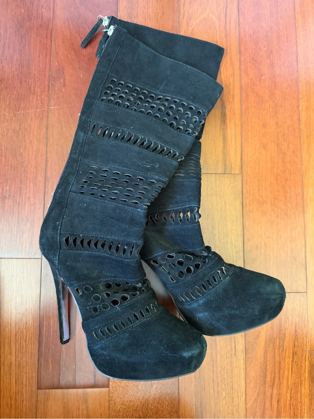 bebe Black Suede Cutout Stiletto Heel Boots